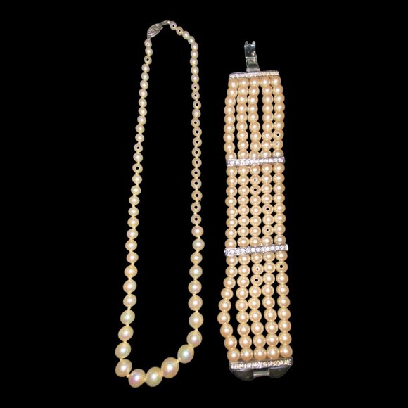 Pearl Glass Bead Necklace Bracelet Set Rhinestones Vintage - Picture 2 of 11